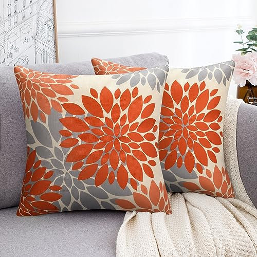 Kissenbezüge Modern 45 x 45 cm Herbst Dekorativer Orange Grauer Kissenhülle Dahlie Geometrische Blume Dekokissen Bezüge 2er-Set für Sofa Couch Bett Wohnzimmer mit Verstecktem Reißverschluss