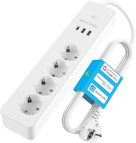 Echos Presa multipla Alexa, Google Home, controllo vocale, Smart Things, Smart Life 1,5 m, USB tipo C, accesso remoto, presa di corrente multipla