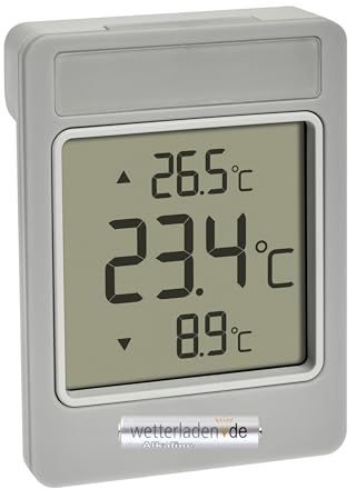TFA Dostmann WINDOO 30.1067.15 - Termómetro digital para ventana (montaje fácil, resistente a la intemperie, valores máximos y bajos, con lámina autoadhesiva, sin taladrar, color gris con pila)