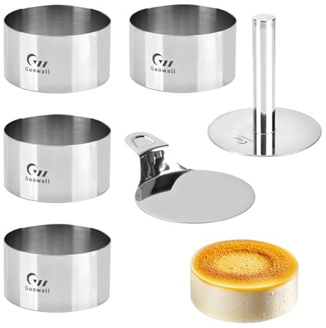 Guowall 4 pack Seamless Mousse Cake Ring set Stainless Steel 4 inch Round Food Mold Dessert Cutter for Baking (Includes 1 Lifter, 1 Pusher and 4 Rings)