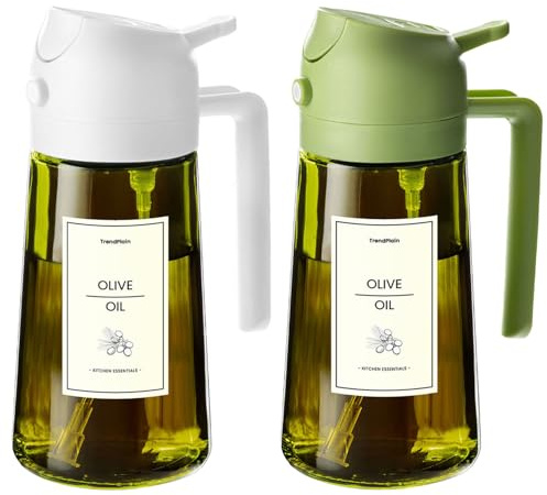 TrendPlain Spray Huile Cuisine 470ml – Vaporisateur Huile Air Fryer 2-en-1 pour Cuisson, Salades, Vinaigre et Accessoire Cuisine avec Stickers, Protection Contre la Lumière - Blanc & Vert
