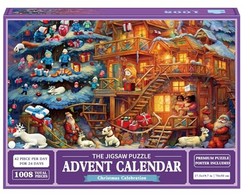 Puzzles Adventskalender 2024 Jigsaw, Familienurlaub Puzzle 1008 Teile Puzzles, 24 Boxen Puzzles für Countdown bis Weihnachten, Hausdekoration, Weihnachtsgeschenke für Erwachsene Weihnachtsgemeinschaft