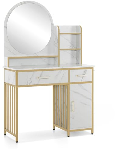 M MCombo Schminktisch mit Spiegel, Frisiertisch Make-up Tisch mit 2 Schubladen, 3 Offene Ablagen, Föhnhalter, Kosmetiktisch aus Holz Metallgestell, Marmor-Weiß Gold, 43 * 104 * 147,5 cm, 2501