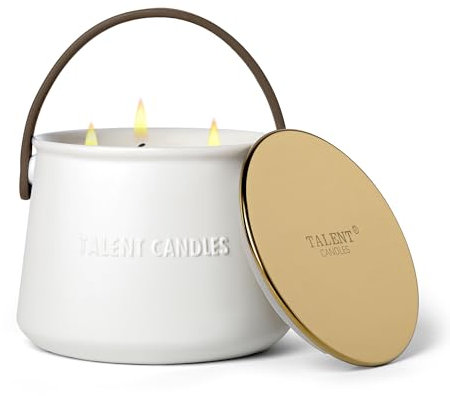 TALENT CANDLES Bougie Aromathérapie Tasse en Céramique à Main 3 Noyaux Bougies Naturelles de Cire de Soja Cadeaux pour Hommes et Femmes (Teck acajou)