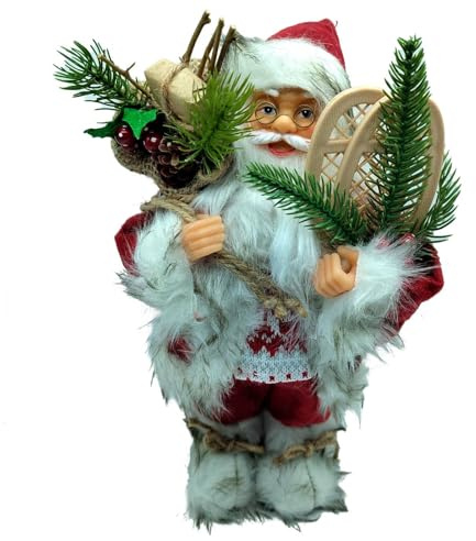 Acan Tradineur - Figura de Papa Noel con Bolsa de Regalo y Raquetas - Fabricado en Poliéster y Plástico - Artículo Decorativo para Navidad - 30 x 19 x 11 cm