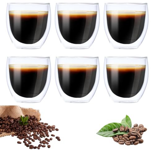 XEERUN 6 Pcs 80ml Tazas de Café Expresso, Vasos De Doble Pared, Vidrio de Borosilicato, Doble Pared Transparente Coffee Cup para Café Espresso y Bebidas Frías y Calientes