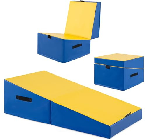 HOMFME Tapis de Gym Incliné Pliable avec Mousse EPE, Tapis de Yoga avec Poignée de Transport, Surface en PVC, Résistant à la Déchirure, pour Enfant, Adultes, Idéal pour Maison, Gymnastique (Jaune)