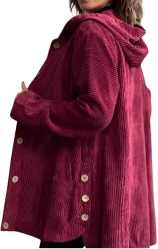 Vagbalena Veste à capuche en velours côtelé pour femme veste surdimensionnée à boutons d'automne veste décontractée à capuche boutonnée en velours côtelé ample avec poches (M,Rouge)