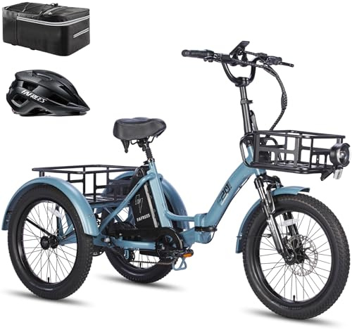 Fafrees Electric Tricycle for Adult Folding Electric Trike Removable Battery 48V18.2Ah Ebike,110KM Max Range,3-Wheel 20 Electric Bike,with LCD Display,Dual Disc Brakes,Blue(Rear Bag,Helment,Basket)