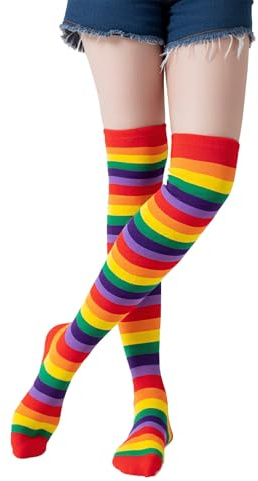 XDGBGFN Calze sopra il ginocchio, da donna, in cotone, a righe, sopra il ginocchio, per cosplay, arcobaleno, Taglia unica