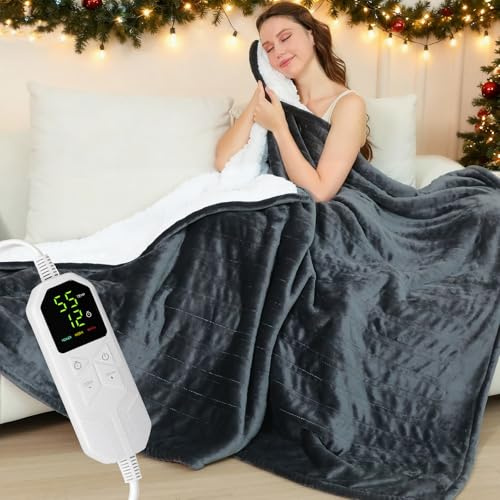 Warmfay Electric Heated Blanket 180 × 130 cm, Heated Throw Blanket Fast Heating with 8 Heat Levels & 1-12H Timer Auto Shut-Off, Machine Washable, Dark Gray Soft Heating Blanket Flannel for Sofa & Bed