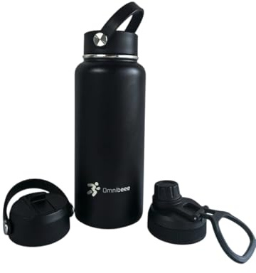 OMNIBEEE Insulated Water Bottle, 1L Stainless Steel, Handle, 3 Lids, Hot 24H/Cold 48H. Leak Proof, Good for Bike, Camping, Sports and Gym. (Black, 32 oz) (Black, 1 Litre)