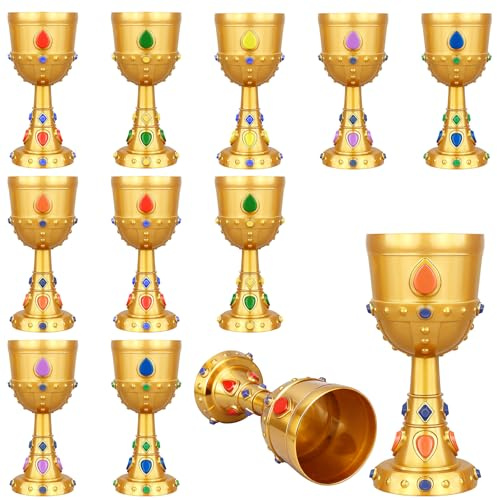 12 Stück Mittelalter Gold Kelch Set, 240 ml Vintage Weinkelch mit Kunststoff Edelsteine für Whisky Wodka Wein Likör, Klein Messing Goldene Trinkbecher für Küche Home Bar Party Hochzeits Dekoration
