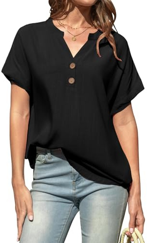TARSE Women Linen Short Sleeve Henley Tops V Neck Blouse Casual Summer Trendy Tee Shirts 2026 Vacation Fashion Clothes(Black,L)