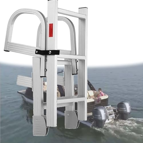 Folding Pontoon Boat Ladder 5 Step, Aluminum Removable Dock Front with Anti-Slip Treads, Handrail Grips for Boats Pools Motorboats, Heavy-Duty Portable Design, Space-Saving