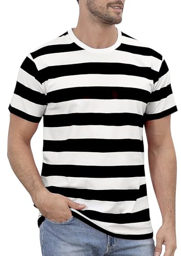 COSAVOROCK Maglietta a Righe in Cotone Maniche Corte da Uomo (XL, Nero & Bianco)