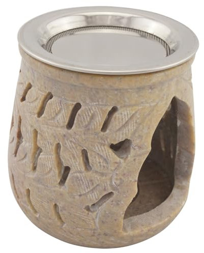 Räucherstövchen aus indischem Speckstein – Edelstahl-Sieb & Hitzeschutz – Design „Amana“ – H 9 cm – Inklusive Räucheranleitung