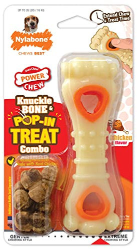 Nylabone Knuckle Bone Pop-In Treat Toy Power Chew Toy for Dogs, Interactive Treat Dispensing Enrichment Dog Toy, Long Lasting Chicken Flavor, Medium Dogs - Up to 35 lbs