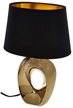 Grande lampe de table LED avec 1 ampoule - Pied en céramique doré - Avec abat-jour en tissu noir - Hauteur : 52 cm