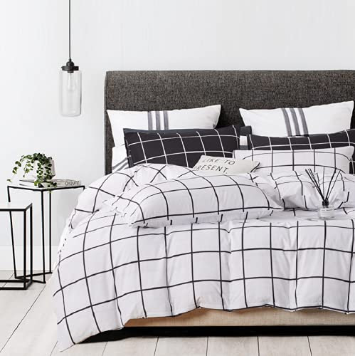 Ropa de cama a cuadros de 135 x 200 cm, color blanco y negro a cuadros, reversible, funda nórdica de microfibra con cremallera y 1 funda de almohada de 80 x 80 cm