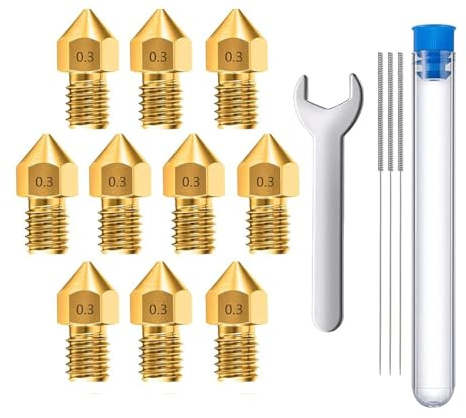 MMOBIEL 10 pièces MK8 en Laiton de 0,3 mm pour imprimante 3D, extrudeuse Compatible avec Les séries Creality Ender 3, Ender 5, CR-10/10S, Makerbot, Anet A8, incluant 3 Aiguilles de Nettoyage et Clé