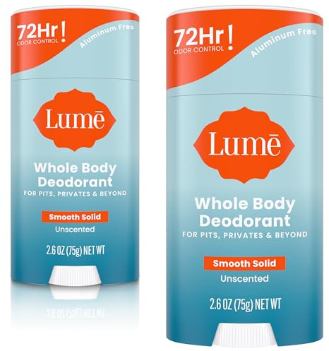 Lume Whole Body Deodorant - Smooth Solid Stick - 72 Hour Odor Control - Aluminum Free, Baking Soda Free and Skin Safe - 2.6 Ounce (Pack of 2) (Unscented)
