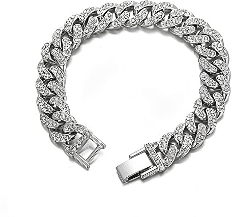 FuninCrea Bracciale Cuban Link in Acciaio Titanio per Uomo Donna, 13 mm Retrò Vintage Hip Hop, Bracciale Cubano Argento con Zirconia Cubica Lucida, Bracciale a Catena Cuban Link Miami, 21 cm, Zirconia