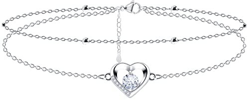 YELUWA 2 in 1 Herz-Fußkettchen Silber 925 Damen Doppel-Fußkettchen mit Kugel und Zirkonia Sommer Barfuß Strand Fußkettchen, Geschenk für Freundin Schwester Mutter Mädchen Dame, Verstellbar 23+3cm