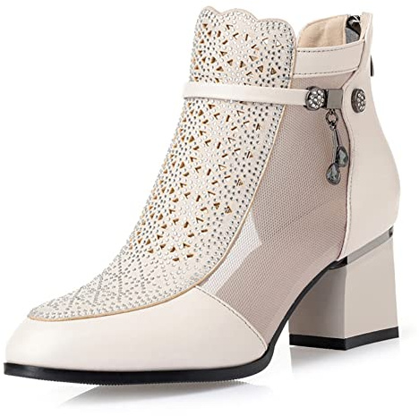 Botas clásicas Malla para Mujer, Botines Verano Transpirables y Huecos, Sandalias Botines tacón Grueso con Diamantes imitación, Sandalias de tacón Medio Antideslizantes Retro Cuero,Beige,39 EU