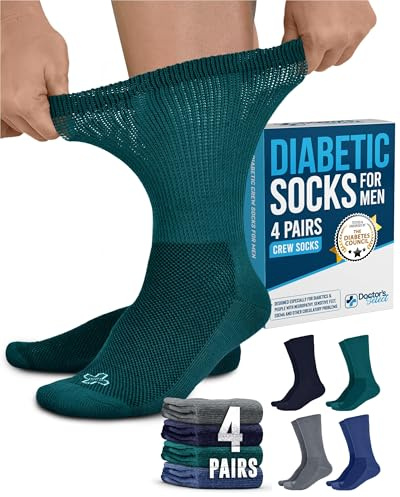 Doctor's Select Diabetic Socks for Men - 4 Pairs Crew Diabetic Neuropathy Socks for Men | Navy, Green, Blue, Gray | Non Binding Mens Diabetic Socks for Moisture Management