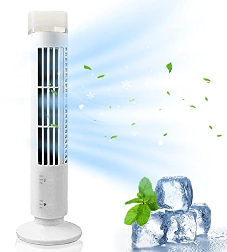 Uaste Portable Tower Fan - Bladeless Tower Cooling Fan - USB Charging - 2 Wind Speed Modes - Mini Standing Air Conditioner - Ideal for Home, Bedroom, Indoor, Desktop, and Office Use (White) (MAC-705)
