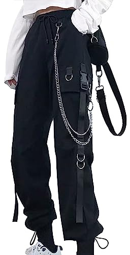 DINGJIUYAN Gothic Cargo Parachute Pants with Chain Women Plus Size High Waist Y2k Harajuku Steampunk Halloween Trousers