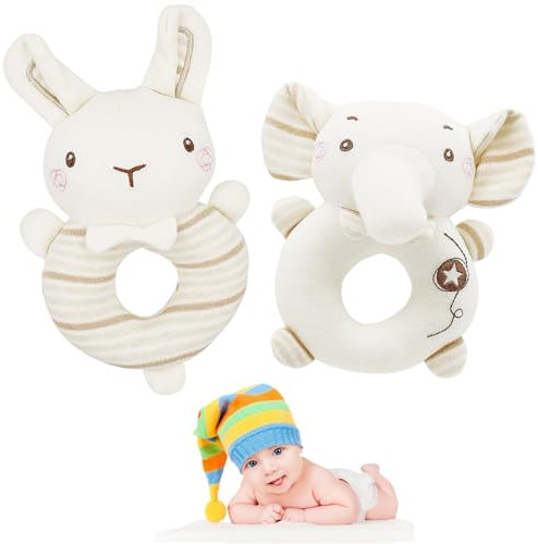 FenFang Baby Rassel Spielzeug Set, 2 Stück Greifling Stoff zum Rasseln Mädchen und Jungen, Baby Stofftier Weich Babyrassel Baumwolle Spielzeug Neugeborenes Geschenk ab 0-6-12 Monaten, Elefant & Hase