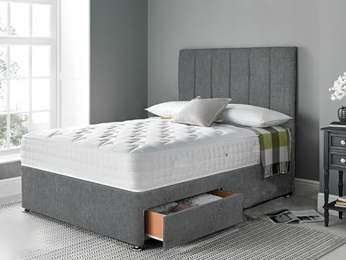 DBZ BEDS 3 FT Single Bed Set with 2000 Series Mattress - Grey Linen Divan Bed Set with Versatile Storage Options – 6 Panel Headboard with Chrome Glider Feet (Single)