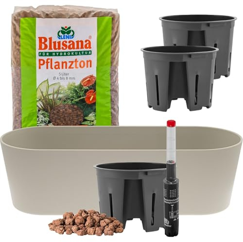 Leni Flori Jardiniere Blumentopf Kiesel/Stein-grau länglich 36 cm Hydrokultur-Komplett-Set mit Übertopf Hydro-Töpfen Wasserstandsanzeiger & Pflanzton