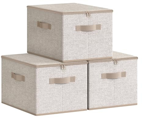 SONGMICS Foldable Storage Organiser Boxes, Set of 3 Storage Basket Bins with Lids, Handles, Clothes Organiser, 40 x 30 x 25 cm, Non-Woven Fabric, Sand Beige RZB003K01