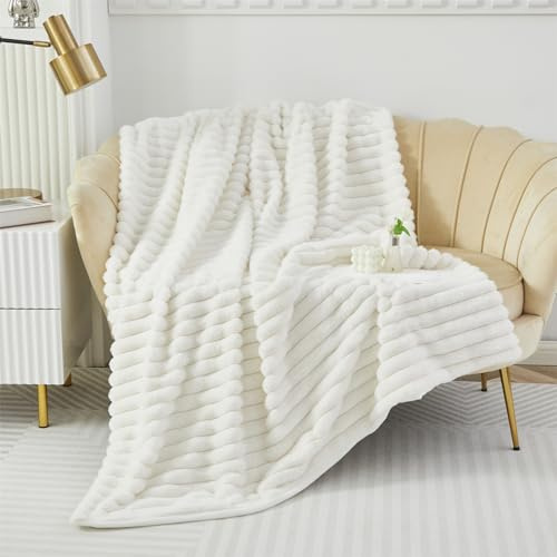 GKXLH Manta suave, mullida y acogedora para sofás, grande de piel sintética, ligera y cálida (100 x 160 cm, beige blanco)