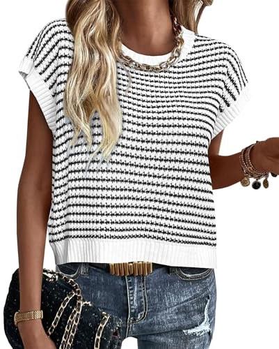 PRETTYGARDEN Womens Short Sleeve Sweater Spring Summer 2026 Round Neck Striped Pullover Cap Sleeve Knit Sweater Vest Tops(White,Small)