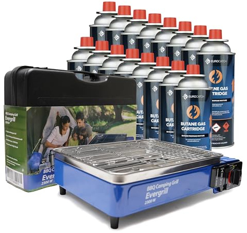 Eurocatch Butangas Camping Grill Evergrill - Inkl. 16 Gaskartuschen - Gasgrill - Campingkocher - Tischgrill - Tischgrill - Notfallpaket