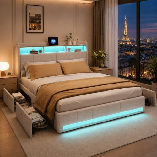 Lit 160x200 avec sommier éclairage LED et Charge USB, Lit Double rembourré avec 4 tiroirs et tête de lit de Rangement,en Lin, Lits 2 Personnes pour Adultes et Adolescents (Beige, 160 x 200 cm)