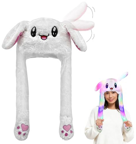 Riisoyu Sombrero de conejo saltando, Blanco LED Gorra De Conejo Felpa Animal Conejo Oreja Sombrero Lindo Gorro De Peluche Con Orejas Móviles Chicas Juguete Regalo Regalo De Cumpleaños Cosplay Fiesta