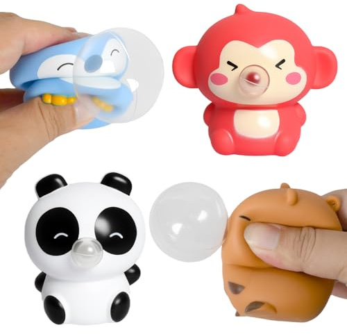 Lot de 4 Jouets Sensoriels Souples Soufflant des Bulles Anti-Stress - Animaux : Panda, Cochon d'Inde, Singe, Pingouin, Balle Anti Stress Adulte, Jouet Anti Stress Enfant, ABS+Silicon, H.8cm, 3+ Ans