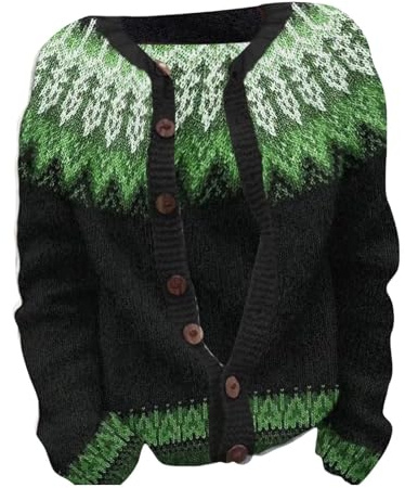 Women's Cardigan with Norwegian Pattern, Buttoned Cardigan in Scandinavian Style, Rustic Fair Isle Cardigan with Colour Gradient, Style_r02 Green, M