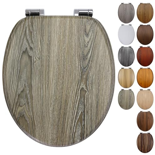 Fanmitrk Sedile WC in legno con chiusura ammortizzata e cerniere solide regolabili, ovali in legno MDF (BL199-1-01)