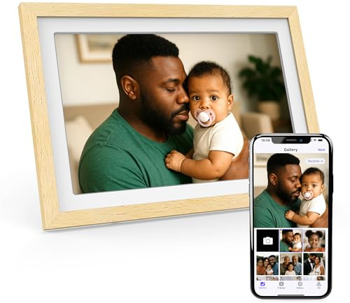 XORO Cornice digitale WiFi da 11 pollici, 1920 x 1080 Full HD 1080P IPS Touch Display 32 GB di memoria, rotazione automatica, legno di faggio, condividi foto istantaneamente da qualsiasi luogo