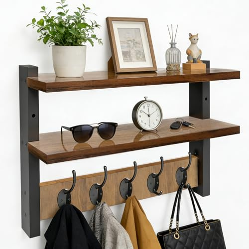 IDUNSEED Garderobenleiste Holz mit 2 Ablage, 5 Metallhaken, Wandgarderobe Holz Wand für Flure, Garderoben, Wohnzimmer und Badezimmer, Retro Kleiderhaken Regal für die Heimdekoration, 41x29x12cm