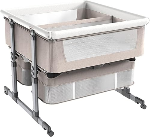 babykorg, Twins Baby Bed Sleeper, Spjälsäng med förvaringskorg, Portable Basinette Beds, 6 höjdjusterbar anti emesis sängkant(Khaki)