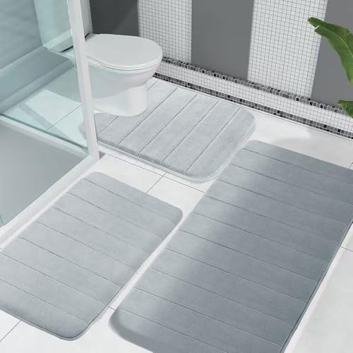 MOFXWHE Set di 3 Tappetini da Bagno, Tappeto Bagno Antiscivolo in Memory Foam, Tappetino Bagn-o Assorbente Per Doccia, WC e Vasca da Bagn-o, Morbido e Confortevole (Grigio Chiaro)