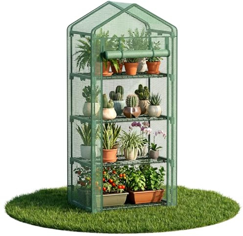 Soontrans Invernadero de plástico, equipado con lámina de rejilla de polietileno y estante de 4 niveles, protección contra el viento y la lluvia, invernadero para balcón, 68 × 49 × 158 cm, color verde