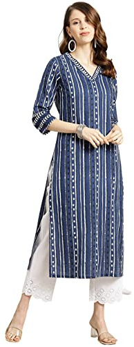rytras Women's Cotton Printed Straight Kurta, Blue, XL